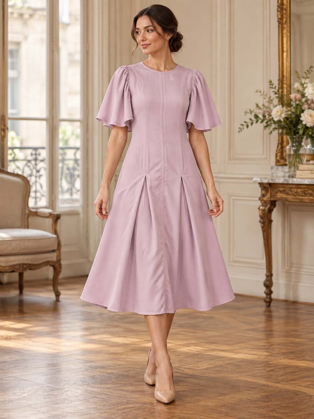 By Anthropologie Modern Sheer Midi Dress Pink Puff Sleeve US 6